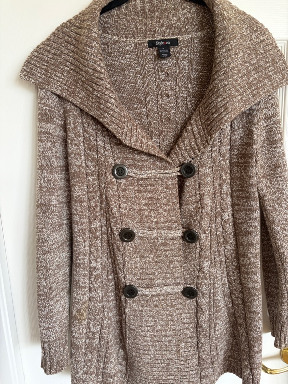 Style & Co cotton/acrylic brown & white button down sweater jacket
